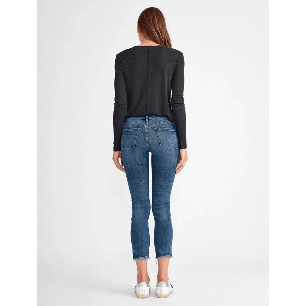 NWOTDL1961 Mara Straight Jeans 26Ankle Mid Rise Blue Raw Hem Stretch Instasculpt